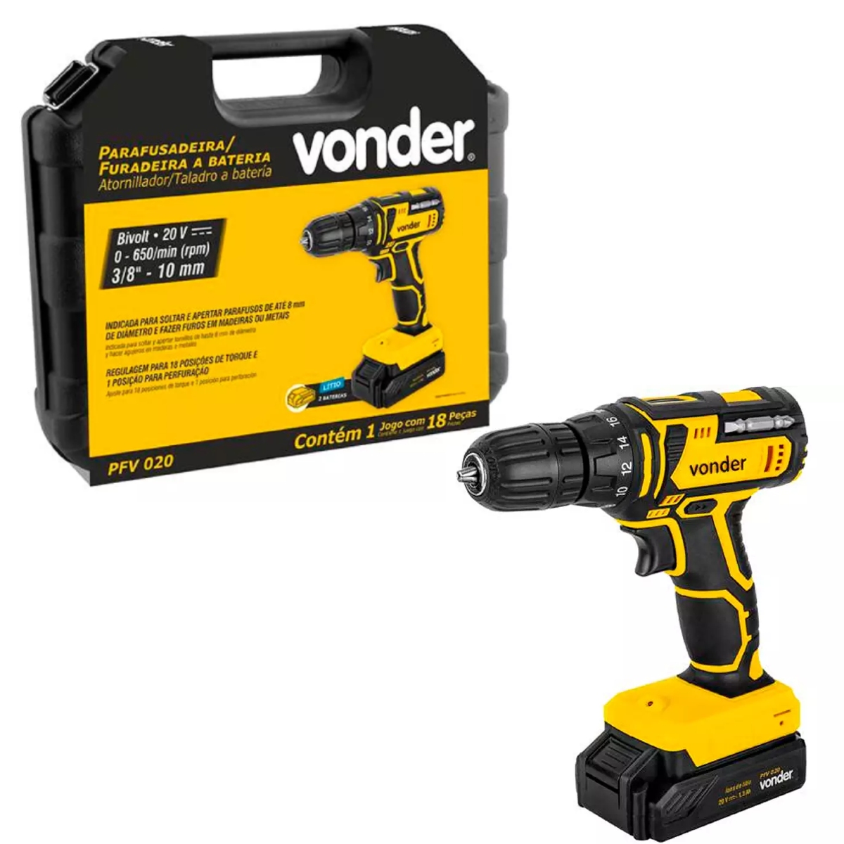Parafusadeira/Furadeira Bateria 20V PFV020 c/ 18 Posições de Torque Vonder - 60.01.020.000