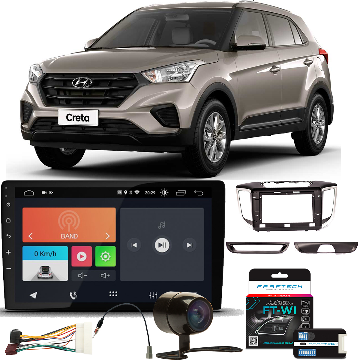 COMP Kit Multimídia 10 Pol Android 10 Creta 2017 a 2021 Faaftech FT-MM-AND10.1 + Moldura + Câmera + Interface + Chicotes