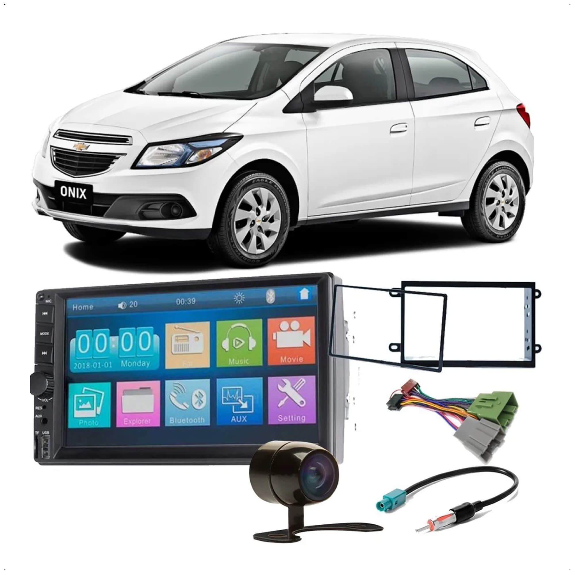 COMP Kit Multimídia 2 din Onix 2018 a 2021 MP5 7 pol Evolve Slim GP348 Multilaser + Moldura + Câmera de ré + Chicotes