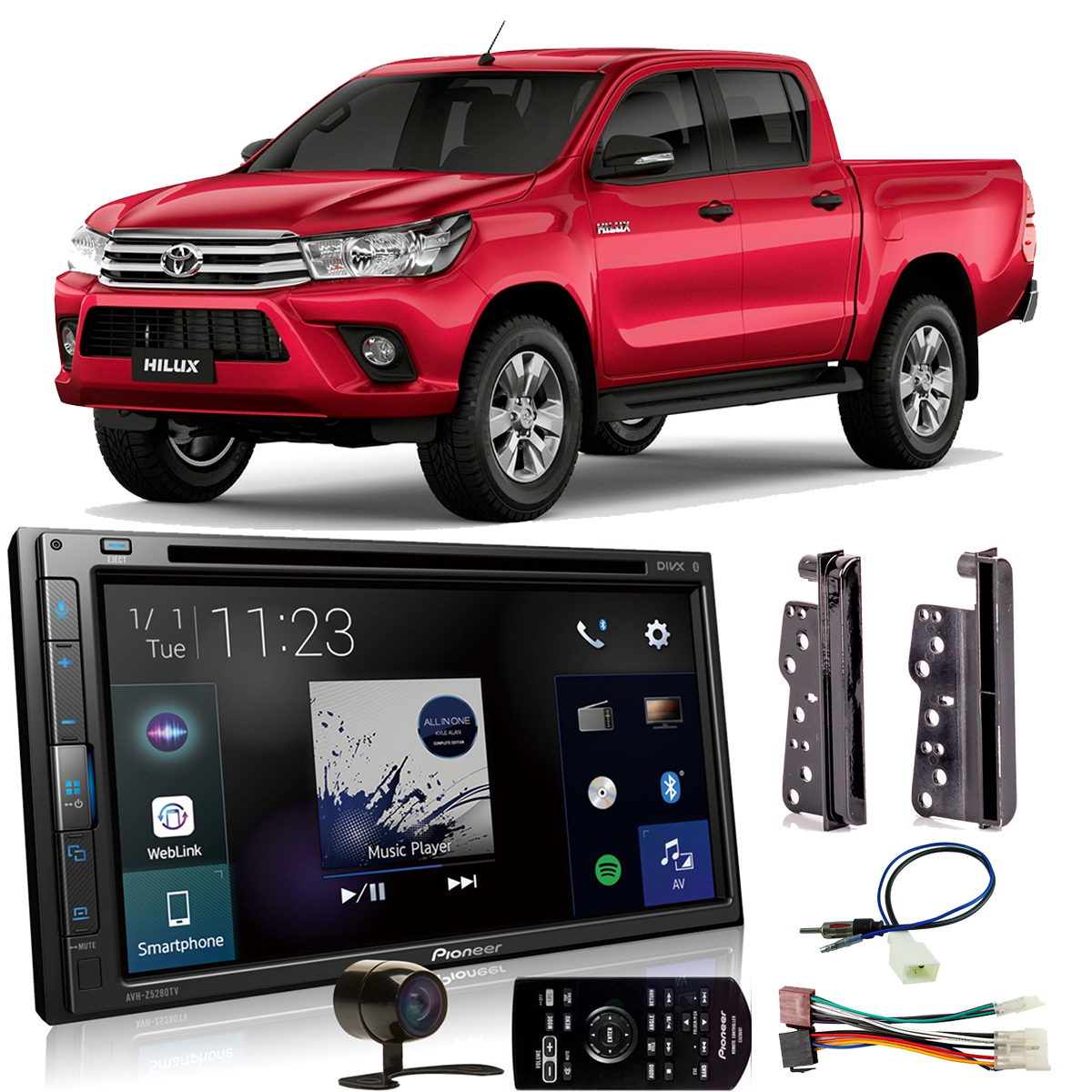 Kit Multimídia Pioneer DVD 2 Din AVH-Z5280TV 6,8 Pol Bluetooth Espelhamento Android iPhone + Moldura + Câmera + Chicotes