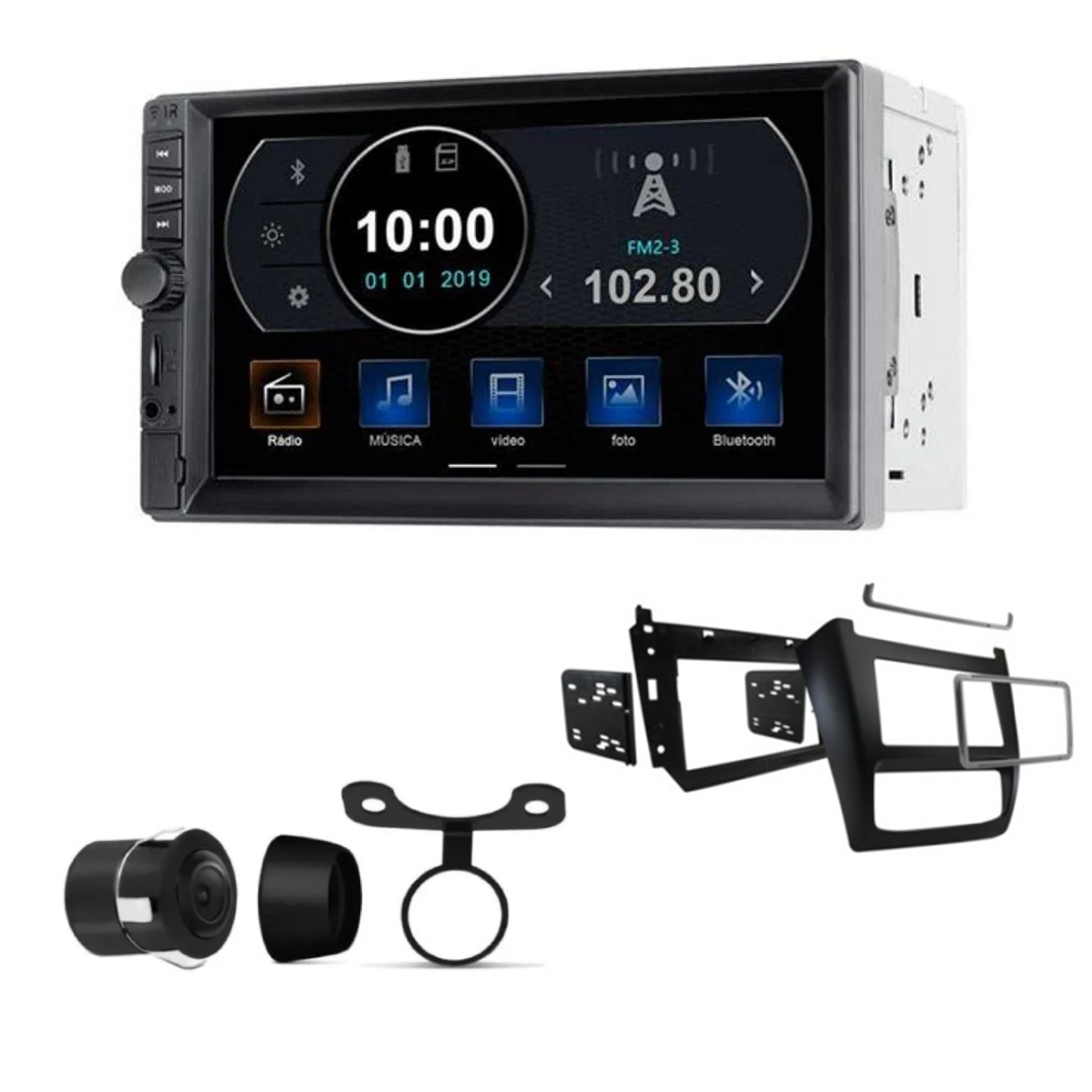 COMP Kit Central Multimídia Evolve TV MP5 TV Digital 7" 4X45W BT/USB/AUX C/ Camera de Ré e Moldura Fox 2014 em diante