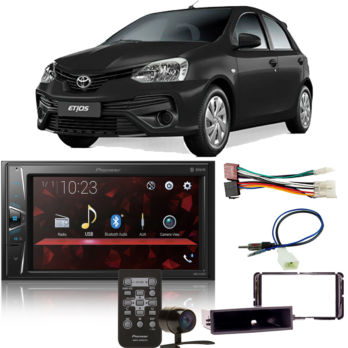 COMP Kit Central Multimídia Pioneer Etios 2013 a 2021 DMH-G228BT 2 Din 6,2 pol + Moldura + Câmera + Chicotes