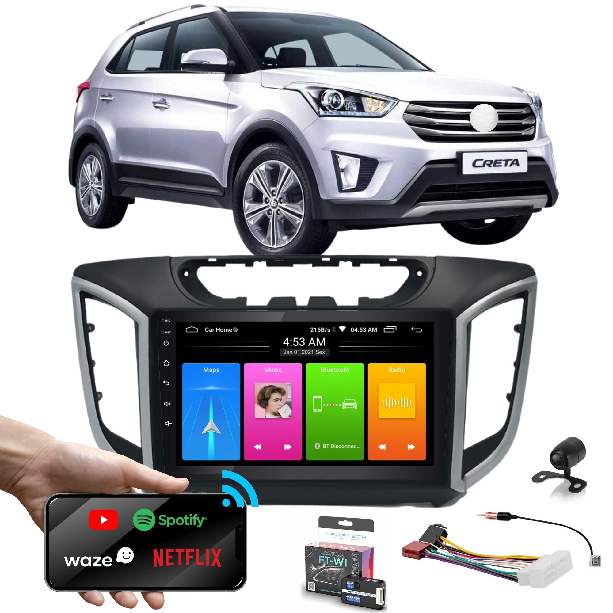 Central Multimídia 2 din Android 10.1 Creta 2017 a 2021 9 pol RS904BR Plus Roadstar + Moldura + Câmera + Chicotes