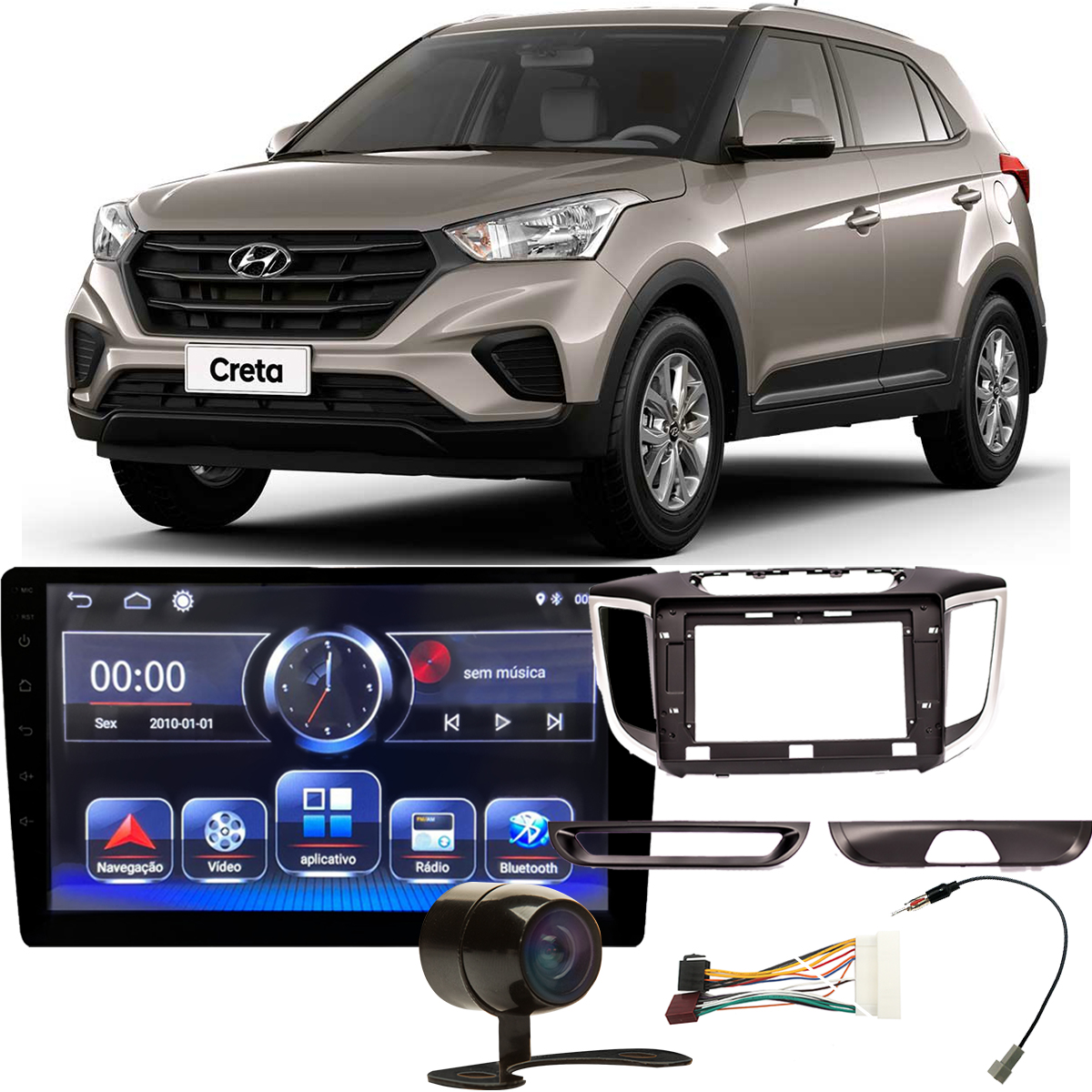 Kit Central Multimídia 2 din Android 10.1 Creta 2017 a 2021 10 pol RS1005BR Roadstar + Moldura + Câmera + Chicotes