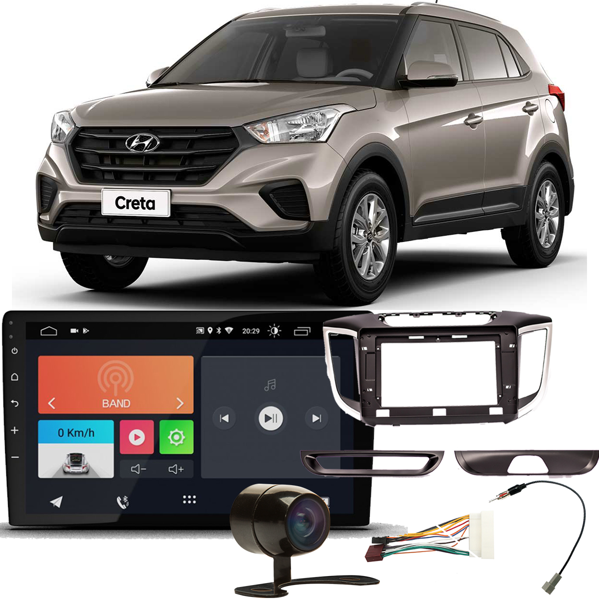 COMP Central Multimídia 2 din Android 10 Creta 2017 a 2021 10 pol FT-MM-AND10.1 Faaftech + Moldura + Câmera + Chicotes