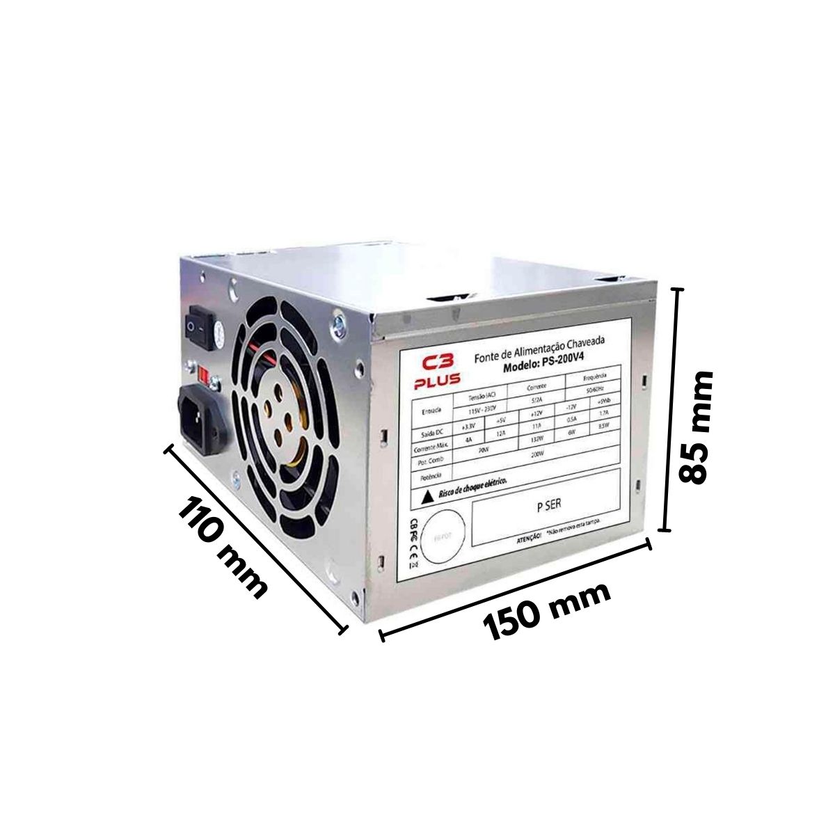 Fonte ATX 200W Sem Cabo Cinza PS-200V4 Seletor Bivolt C3Plus