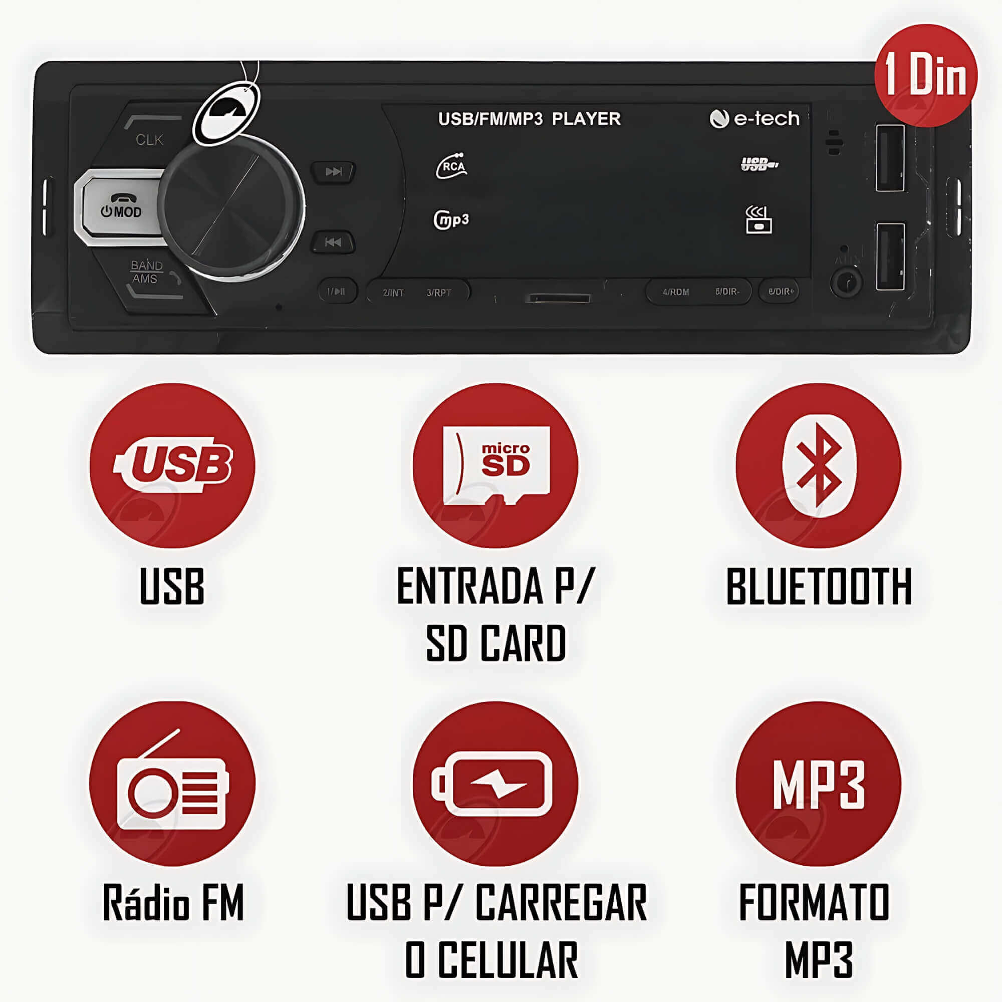 Rádio Automotivo Bluetooth FM SD USB Mp3 Player Automotivo E-Tech - ET-MP3-02