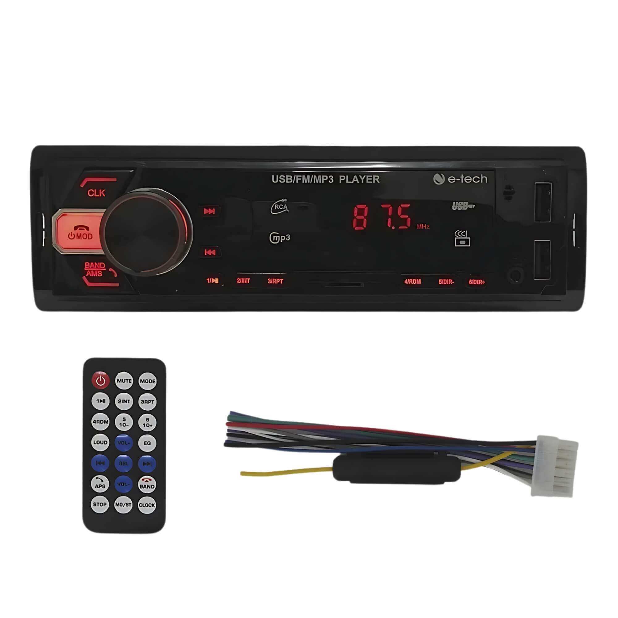 Rádio Automotivo Bluetooth FM SD USB Mp3 Player Automotivo E-Tech - ET-MP3-02