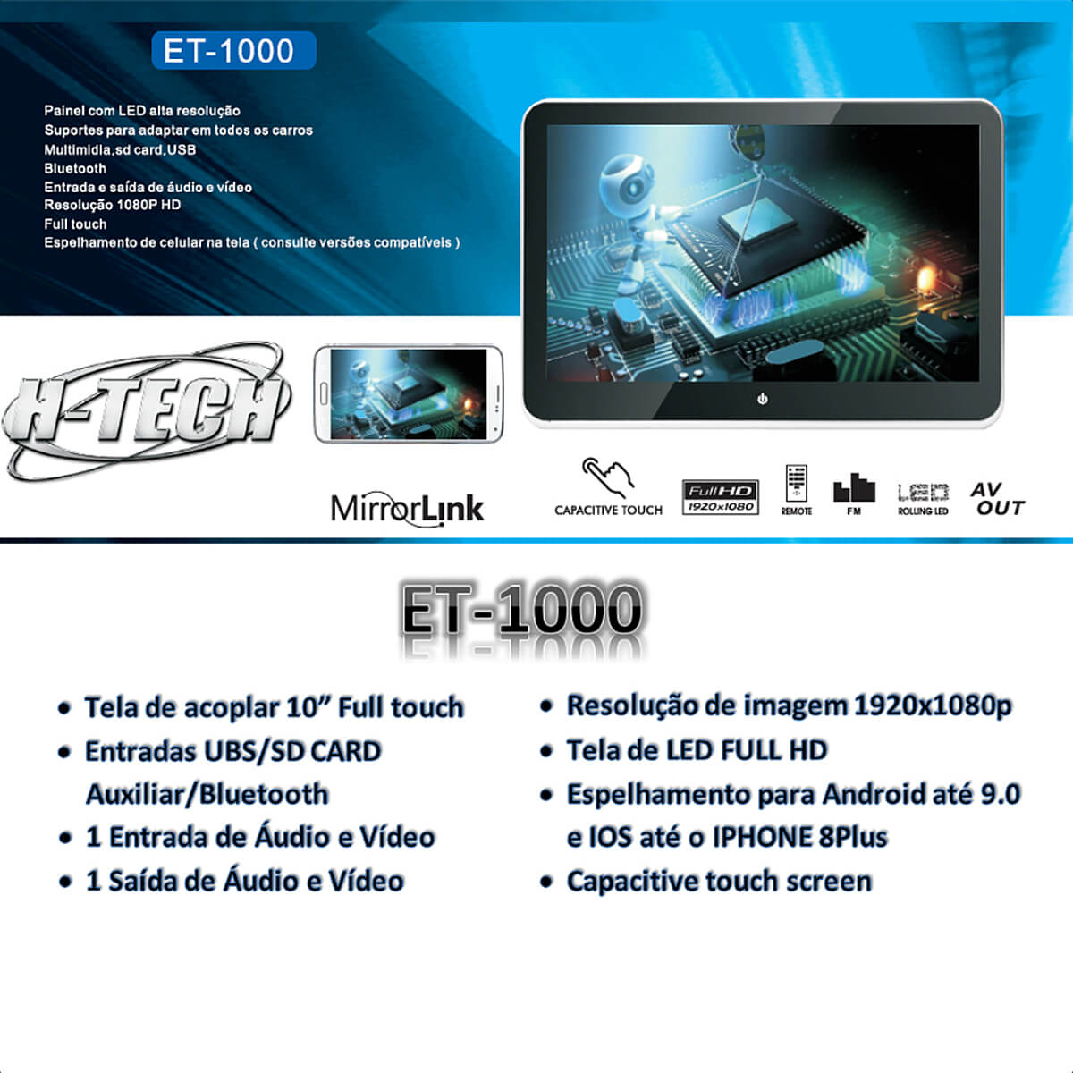 Tela Encosto 10" Acoplar Full HD ET1000 TouchBluetoothUSBSD Card Aux Espelhamento Android-IOS H-Tech