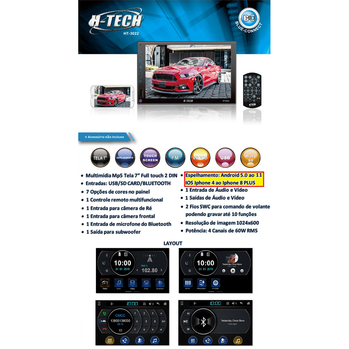 Central Multimídia 2 Din MP5 7 Pol HT-3022 Full Touch Bluetooth Espelhamento Android e iOS USB SD Card Rádio FM H-Tech