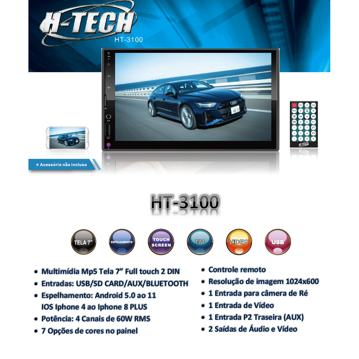 Central Multimídia 2 Din 7 Pol MP5 HT-3100 Bluetooth SD Card USB Android/iOS Controle Remoto H-Tech