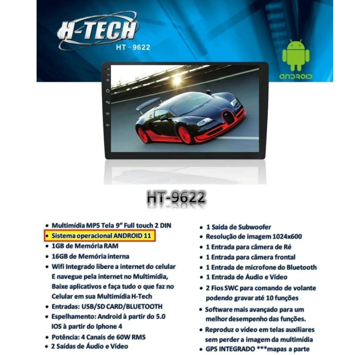 Central Multimídia 2 Din Android 11 MP5 9 Pol HT-9622 WiFi GPS Bluetooth USB Android e iOS H-Tech