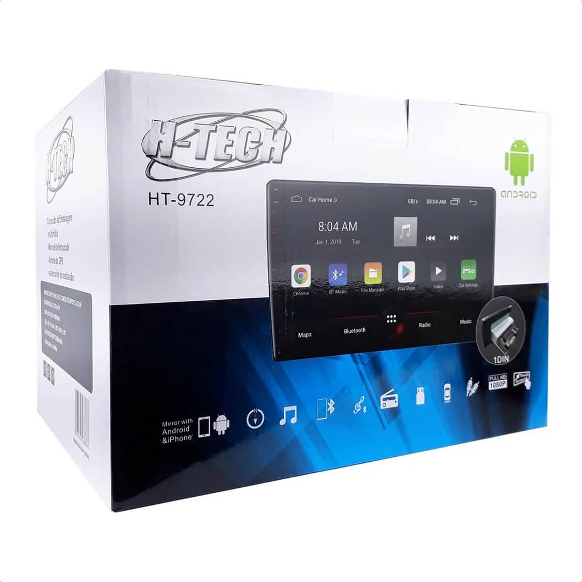 Central Multimídia Encaixe 1 Din 2 Din Android 11 HT-9722 MP5 9 Pol WiFi GPS Android iOS H-Tech