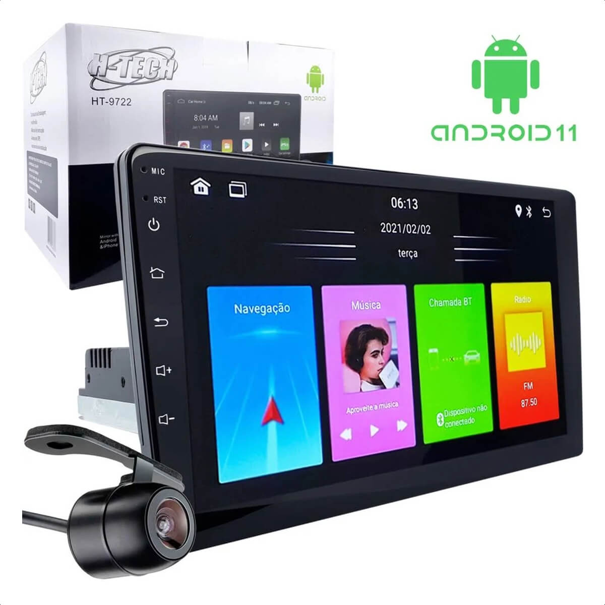 Central Multimídia Encaixe 1 Din 2 Din Android 11 HT-9722 MP5 9 Pol WiFi GPS Android iOS H-Tech