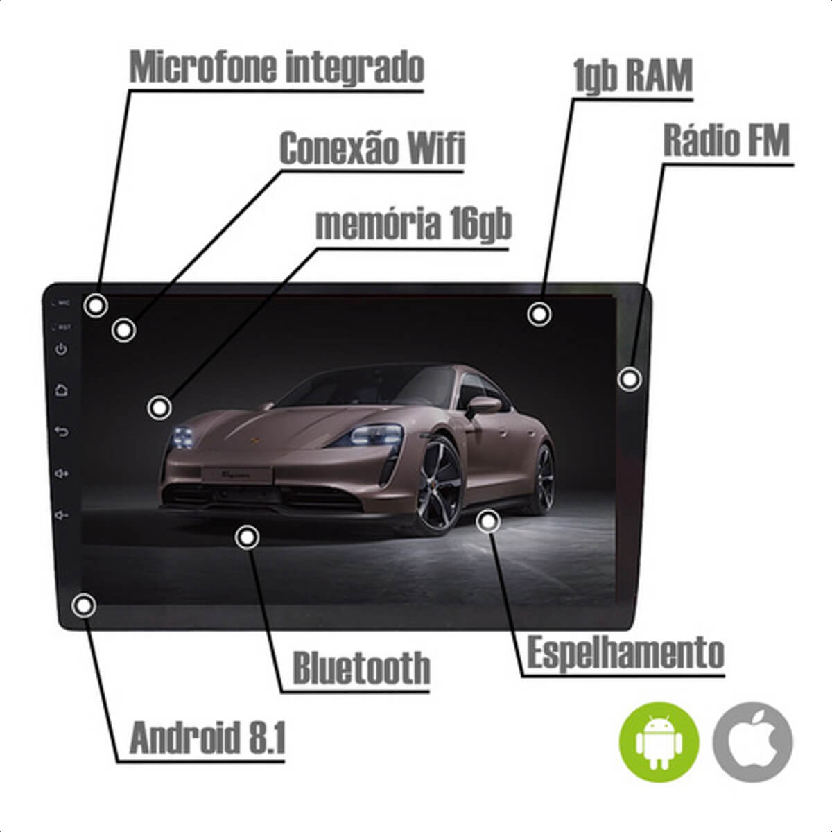 Central Multimídia Encaixe 1 Din 2 Din Android 11 HT-9722 MP5 9 Pol WiFi GPS Android iOS H-Tech