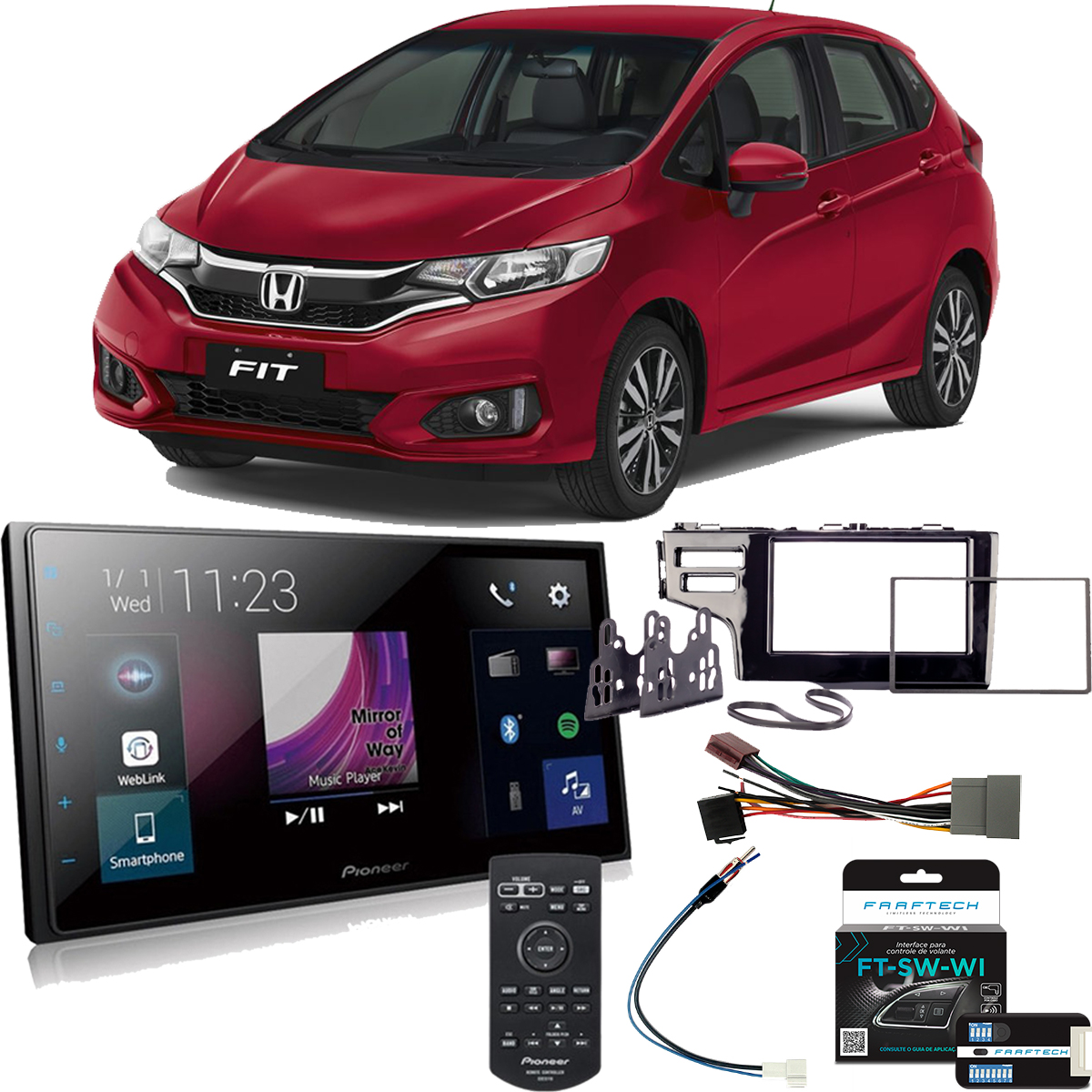 COMP Kit Central Multimídia 2 Din Honda Fit 2015 a 2017 Pioneer DMH-Z5380TV 6.8 pol + Moldura + Interface + Chicotes