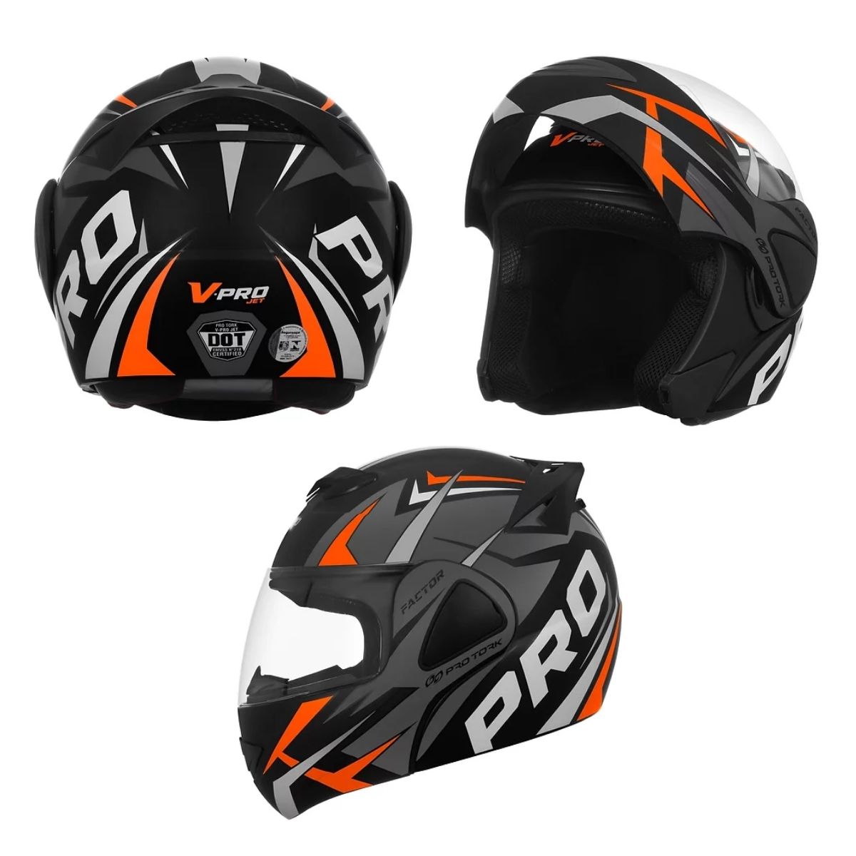 Capacete V-Pro Jet Factor Fosco Tam. 60 Cinza/Laranja Fecho Forro Espuma CAP-903CZF Pro Tork