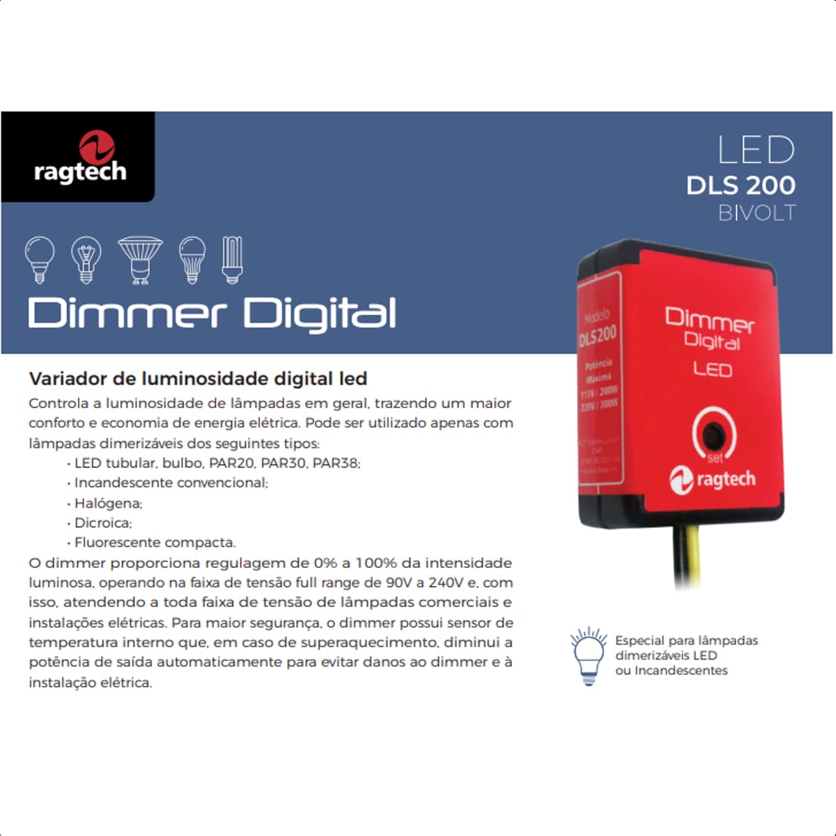 Dimmer Digital Bivolt Modelo DLS200 - Ragtech 20DIM4440