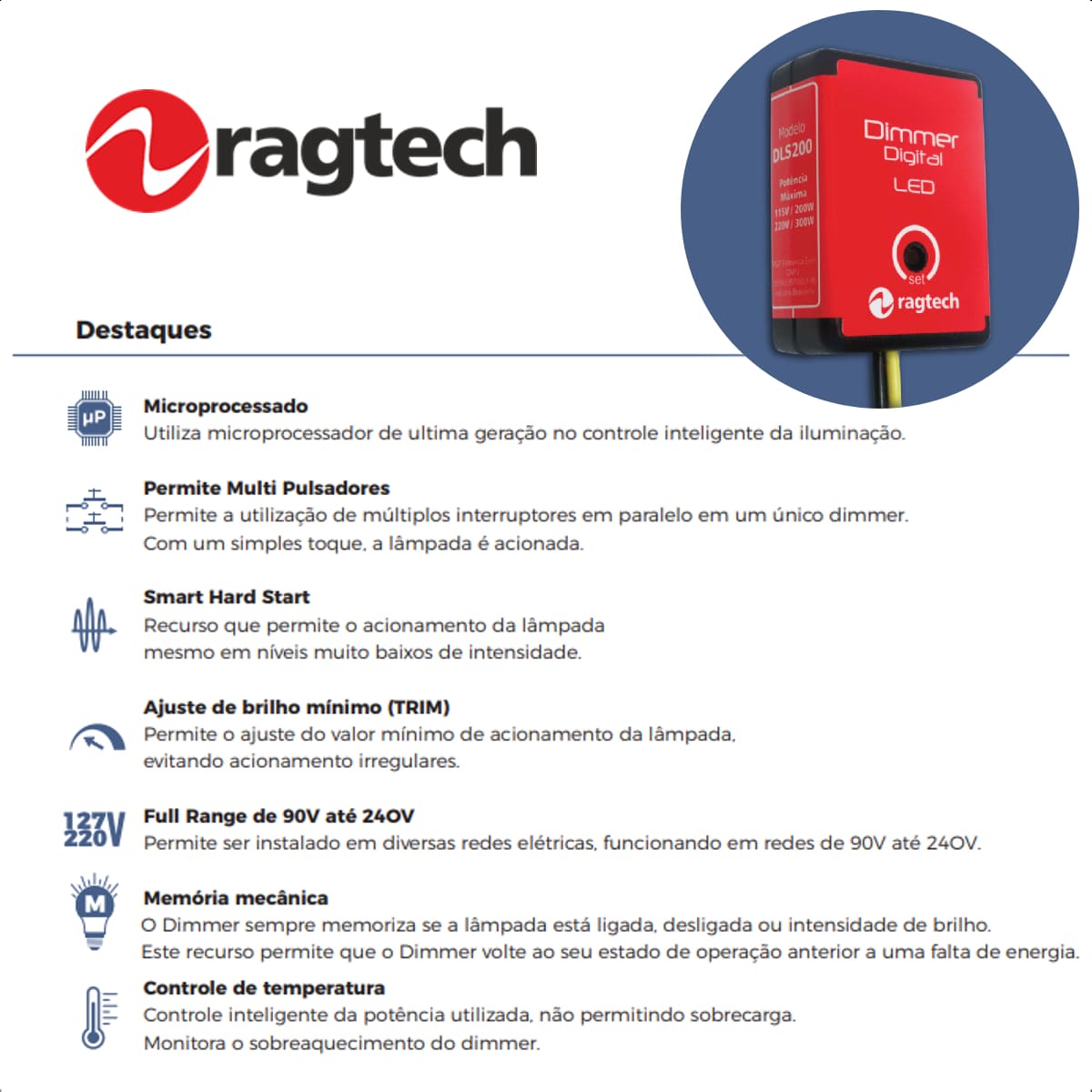 Dimmer Digital Bivolt Modelo DLS200 - Ragtech 20DIM4440