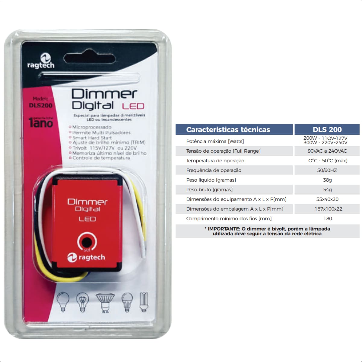 Dimmer Digital Bivolt Modelo DLS200 - Ragtech 20DIM4440