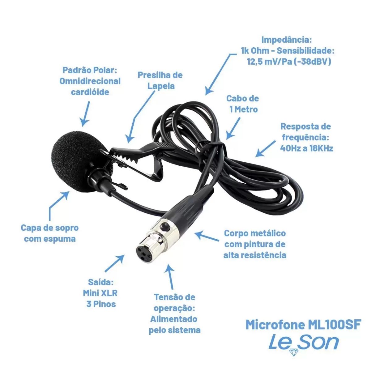 Microfone de Lapela para Sistema Sem Fio com Cabo de 1 Metro ML100SF 2AM002285