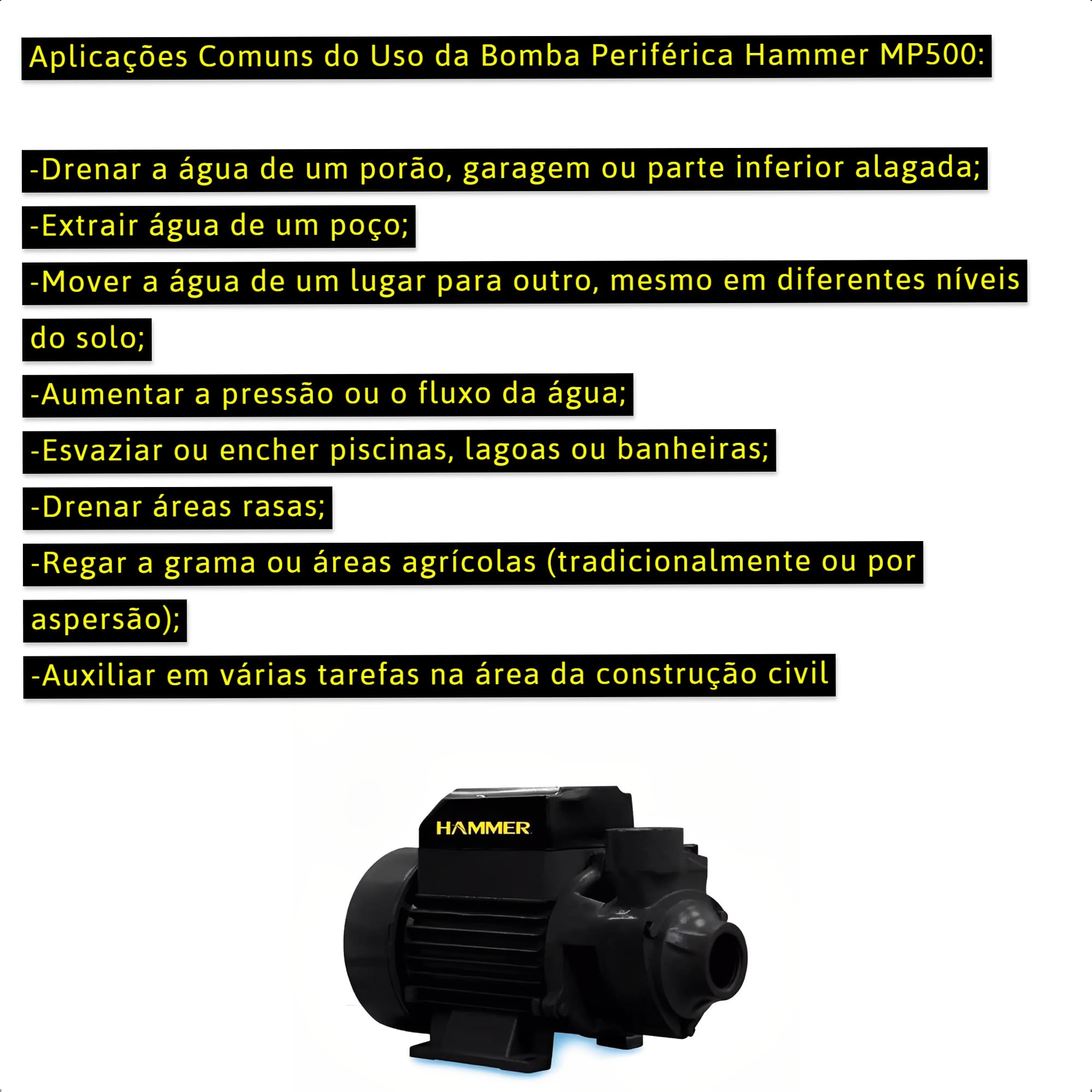Bomba de Água Periférica 1/2HP 2000L/h 370W 110V/127V Rotor Em Bronze Hammer - GYMP500_110