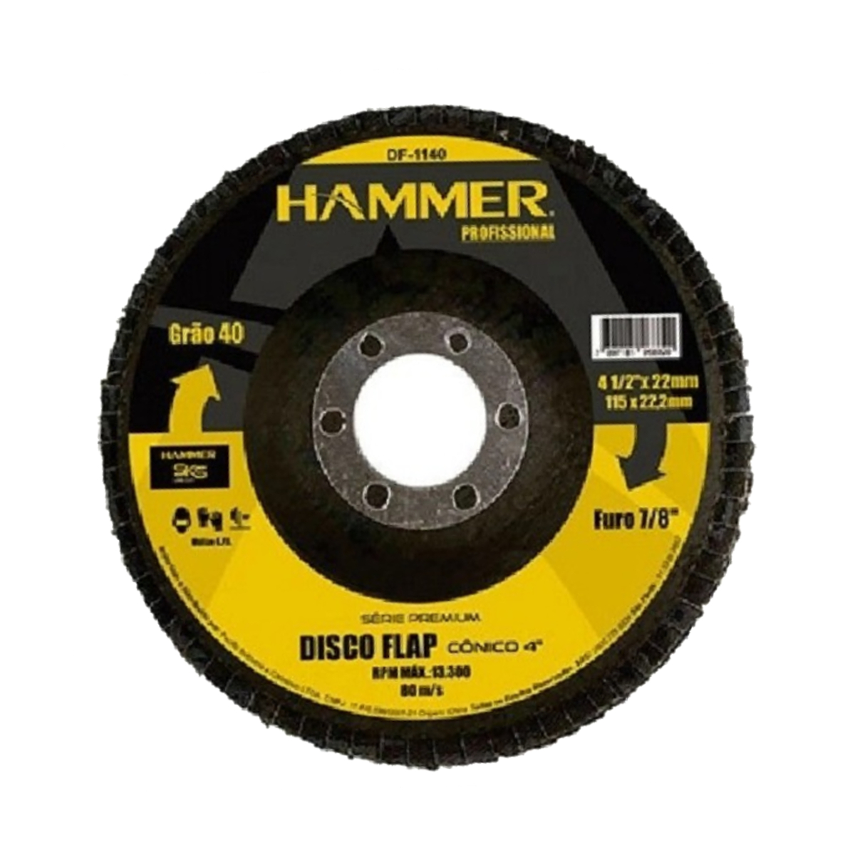 Disco Flap 115x22,2mm Grão 40 Furo 7/8" RPM 13.300 5 KS Fibra de Vidro Hammer GYDF1140
