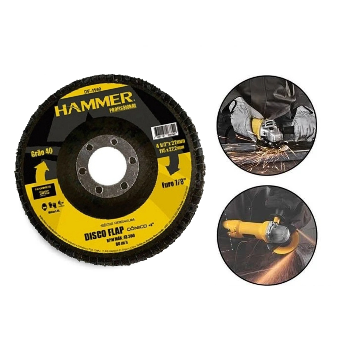 Disco Flap 115x22,2mm Grão 40 Furo 7/8" RPM 13.300 5 KS Fibra de Vidro Hammer GYDF1140
