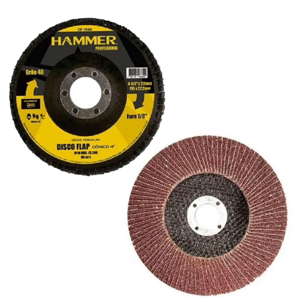 Disco Flap 115x22,2mm Grão 40 Furo 7/8" RPM 13.300 5 KS Fibra de Vidro Hammer GYDF1140