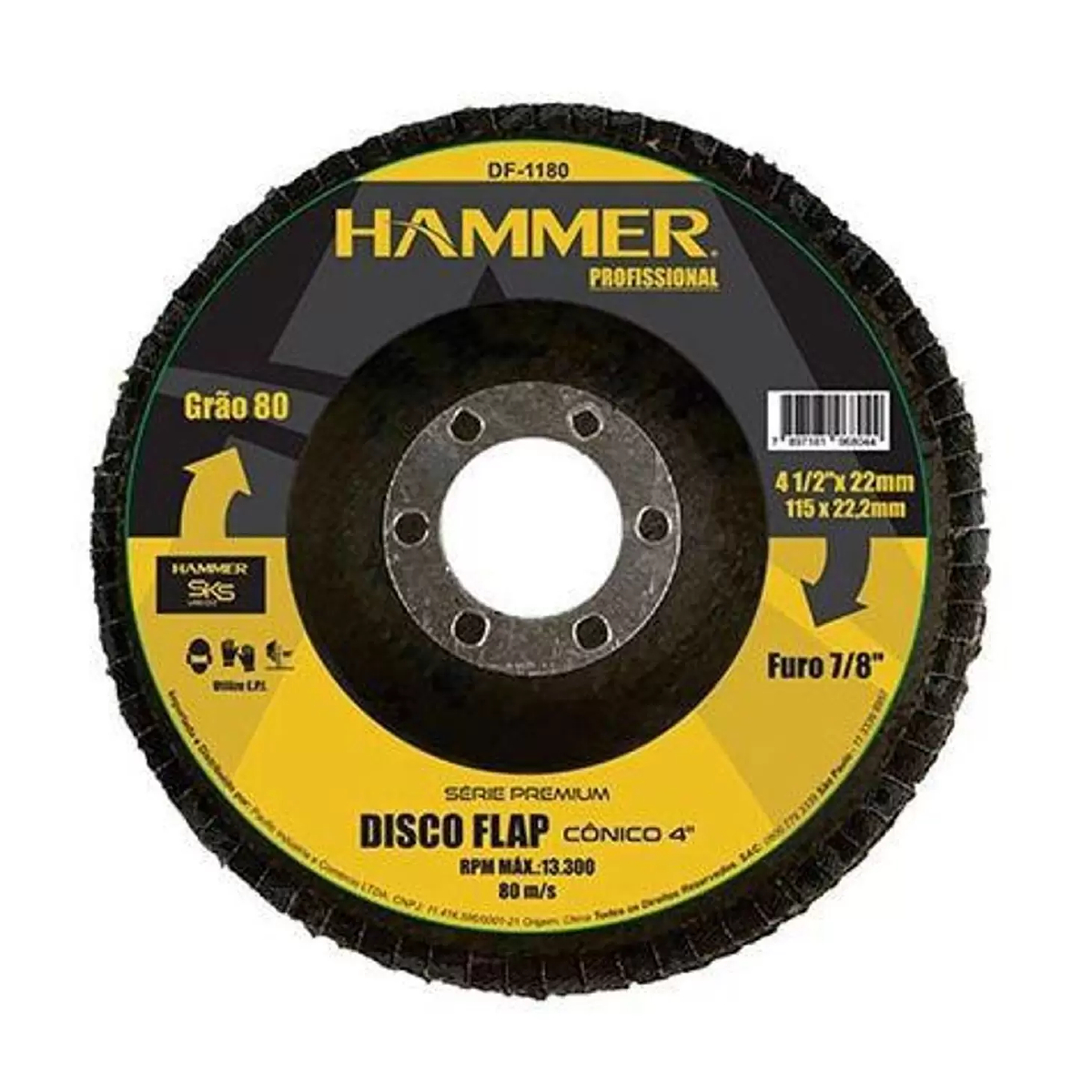 Disco Flap Profissional 115x22,2mm Grão 80 Furo 7/8" 13.300 RPM Fibra de Vidro Hammer GYDF1180