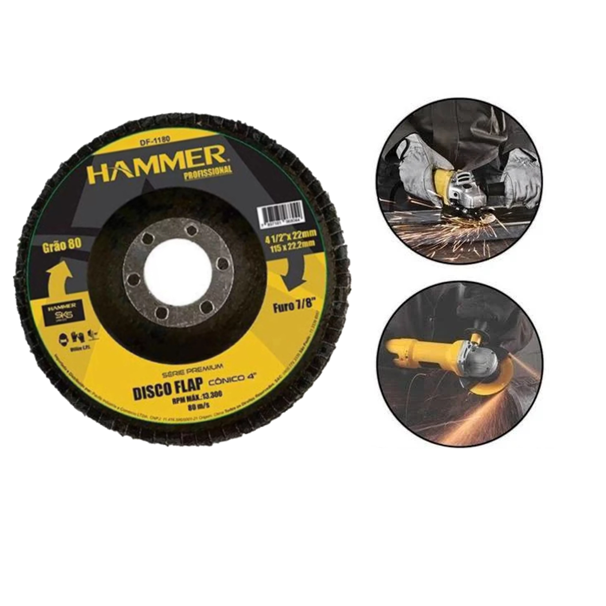 Disco Flap Profissional 115x22,2mm Grão 80 Furo 7/8" 13.300 RPM Fibra de Vidro Hammer GYDF1180