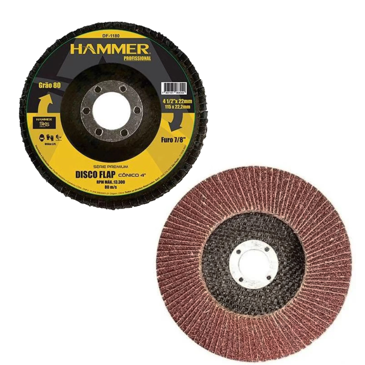 Disco Flap Profissional 115x22,2mm Grão 80 Furo 7/8" 13.300 RPM Fibra de Vidro Hammer GYDF1180