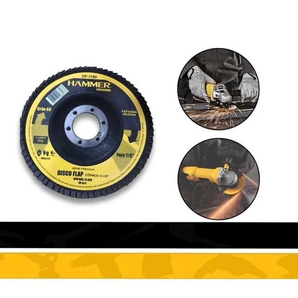 Disco Flap Profissional 115x22,2mm Grão 80 Furo 7/8" 13.300 RPM Fibra de Vidro Hammer GYDF1180
