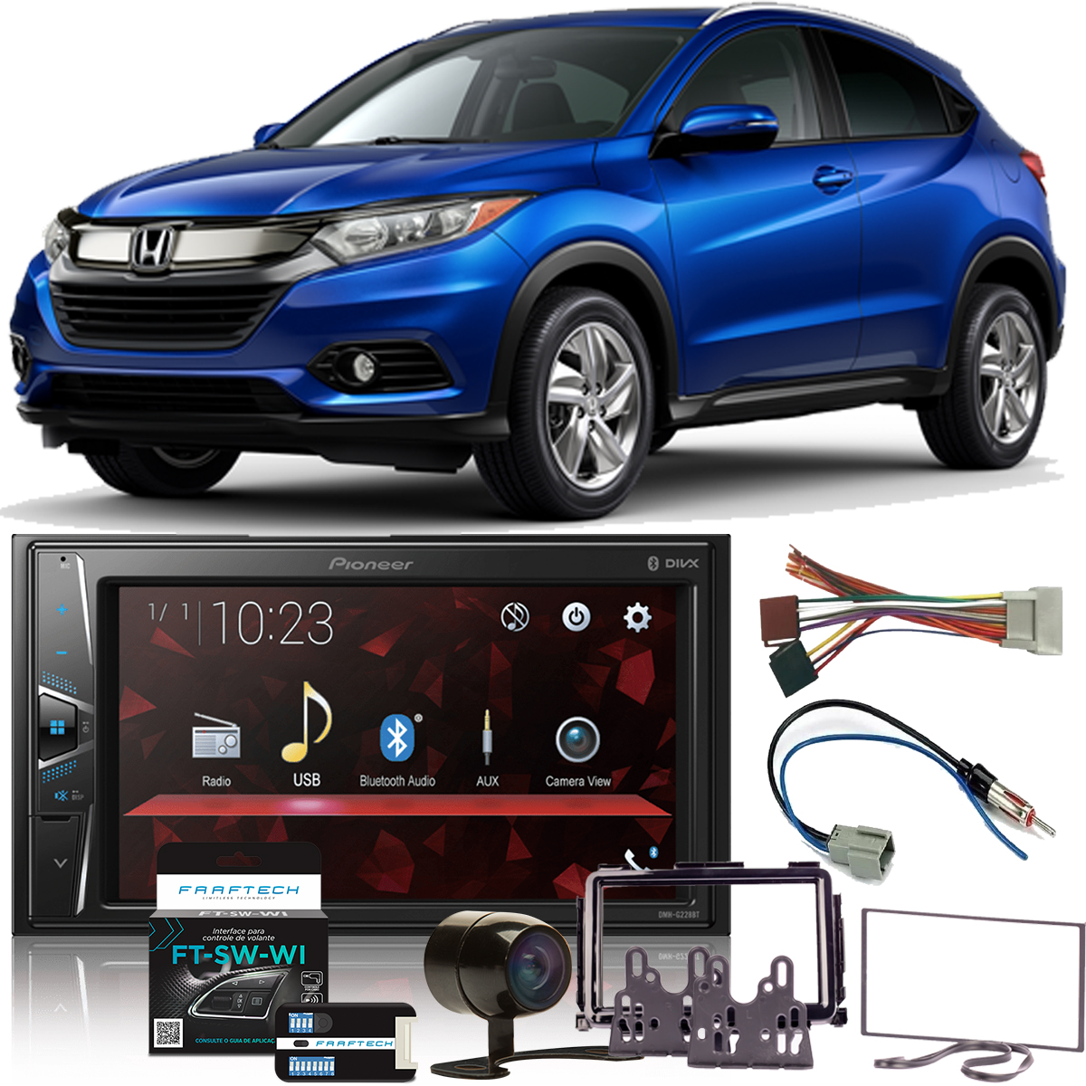 COMP Kit Multimídia 2 Din Honda HRV 2015 a 2021 Pioneer DMH-G228BT 6,2 pol + Moldura + Câmera + Interface + Chicotes