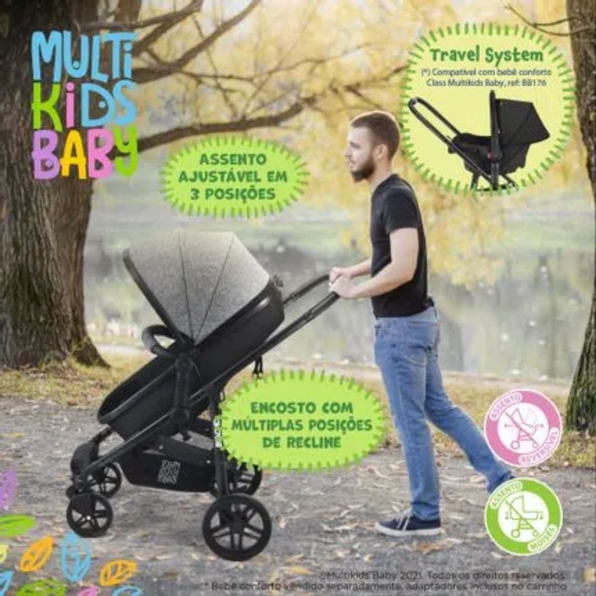 Carrinho de Bebê Passeio Suporta Até 15kg Beyond 2x1 Moisés Roda Giratória Assento Reversível Cinza Multikids Baby BB429