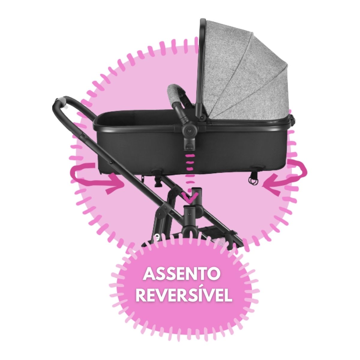 Carrinho de Bebê Passeio Suporta Até 15kg Beyond 2x1 Moisés Roda Giratória Assento Reversível Cinza Multikids Baby BB429