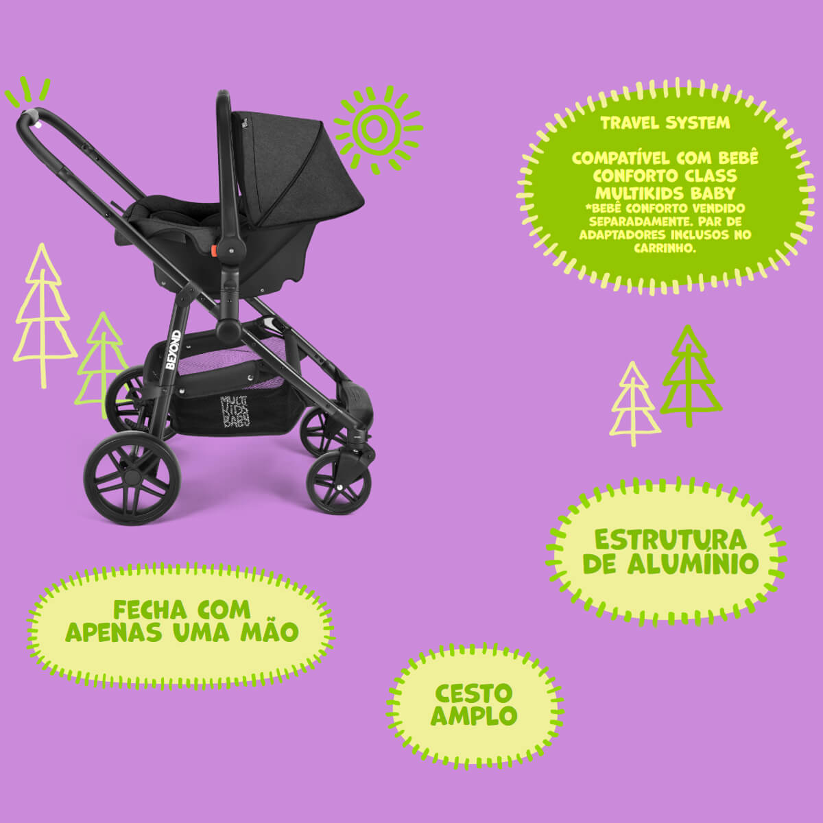 Carrinho de Bebê Passeio Suporta Até 15kg Beyond 2x1 Moisés Roda Giratória Assento Reversível Cinza Multikids Baby BB429