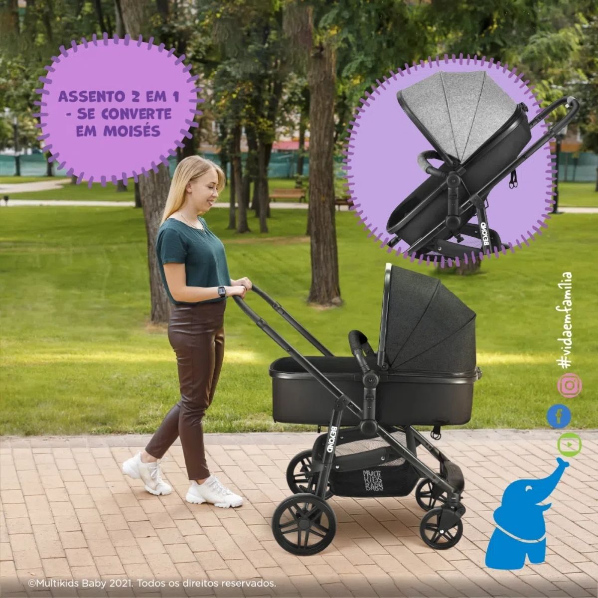 Carrinho de Bebê Passeio Suporta Até 15kg Beyond 2x1 Moisés Roda Giratória Assento Reversível Cinza Multikids Baby BB429