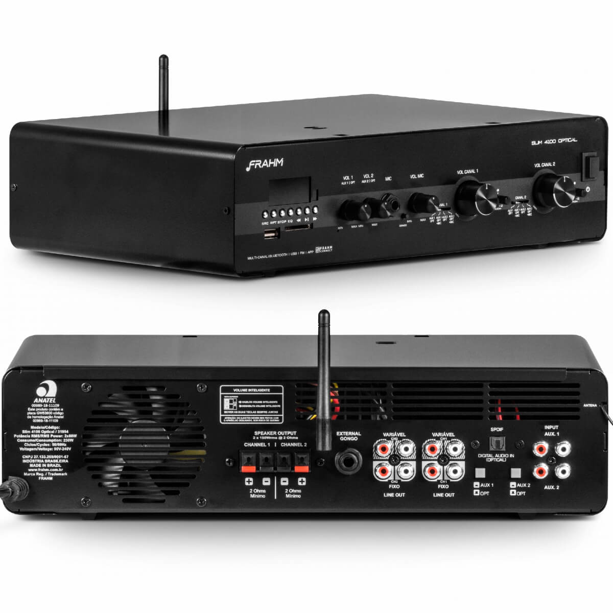 Amplificador Som Ambiente Slim 4100 Optical 2x 150W RMS 2 Ohms Classe AB RCA/FM/SD Frahm - 31994