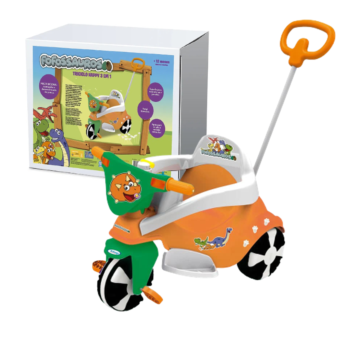 Triciclo Infantil Happy Fofossauros Até 30Kg Empurrador Xalingo - 0724.6