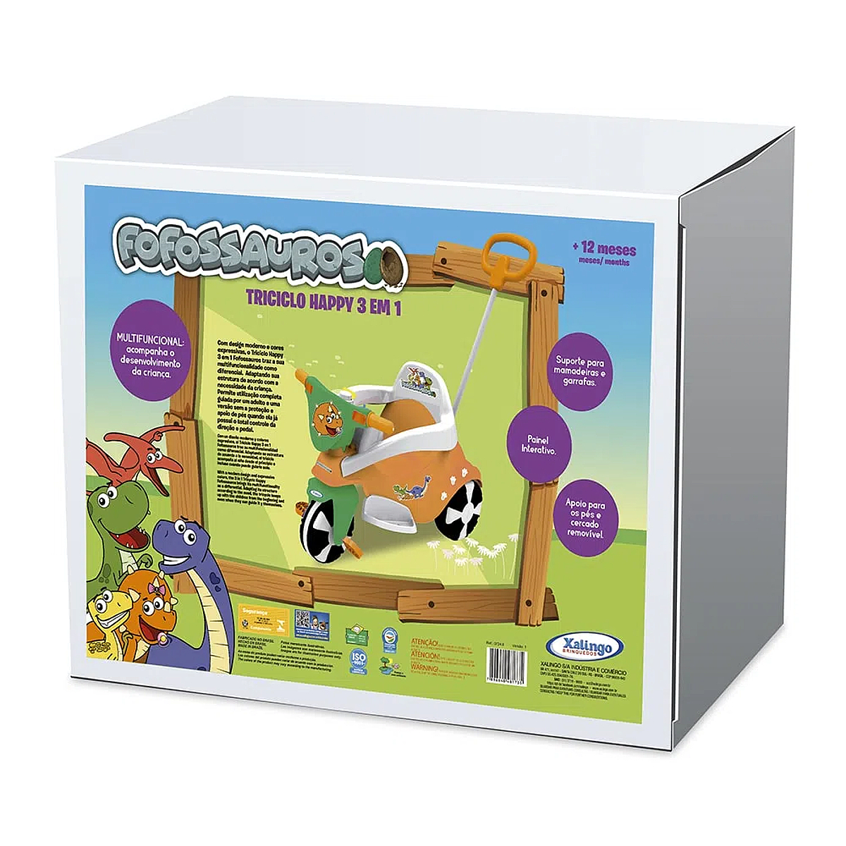 Triciclo Infantil Happy Fofossauros Até 30Kg Empurrador Xalingo - 0724.6