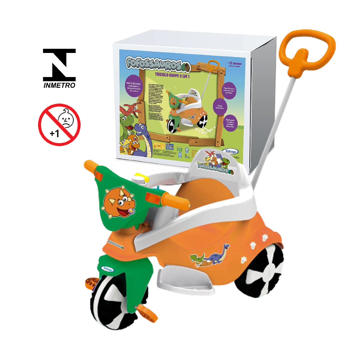 Triciclo Infantil Happy Fofossauros Até 30Kg Empurrador Xalingo - 0724.6