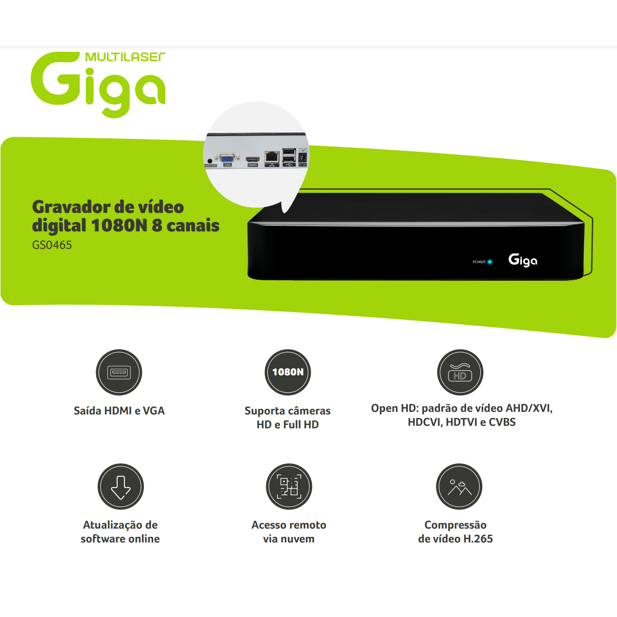 DVR Gravador de Vídeo Digital 1080N 8 Canais 960x1080 1080N  VGA e HDMI - Giga Security GS0465