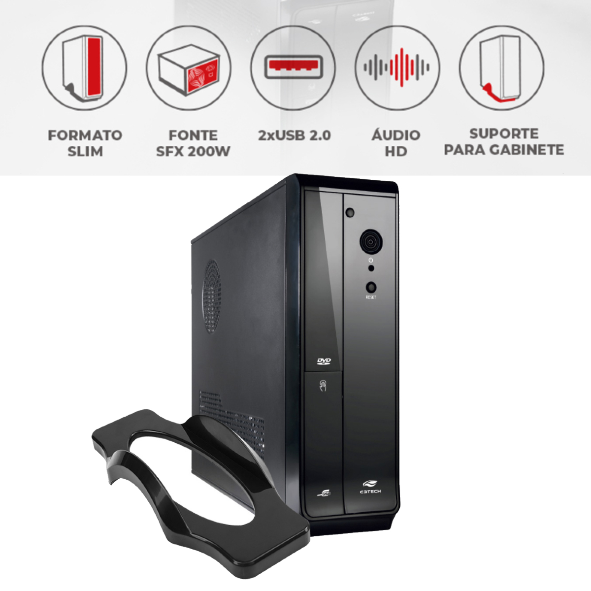 Gabinete Desktop Slim DT-110BK Preto com Suporte e Fonte SFX 200W PS-200SFX C3Tech