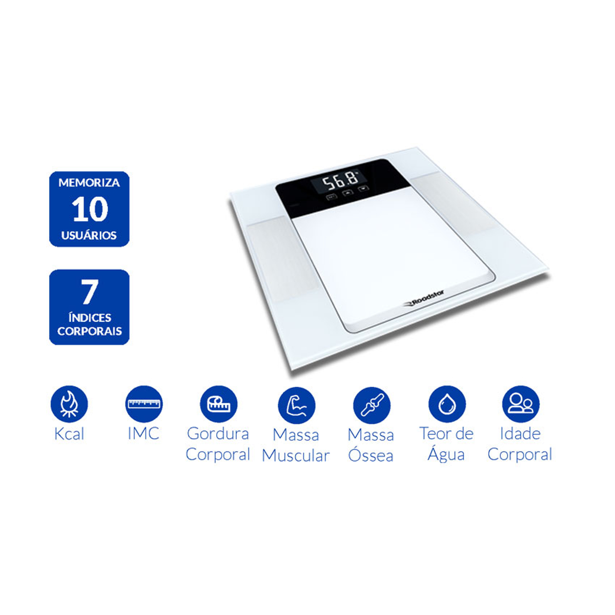 Balança de Bioimpedância Até 180 Kgs / 397 lb 7 Índices Corporais - Roadstar RS-570BR