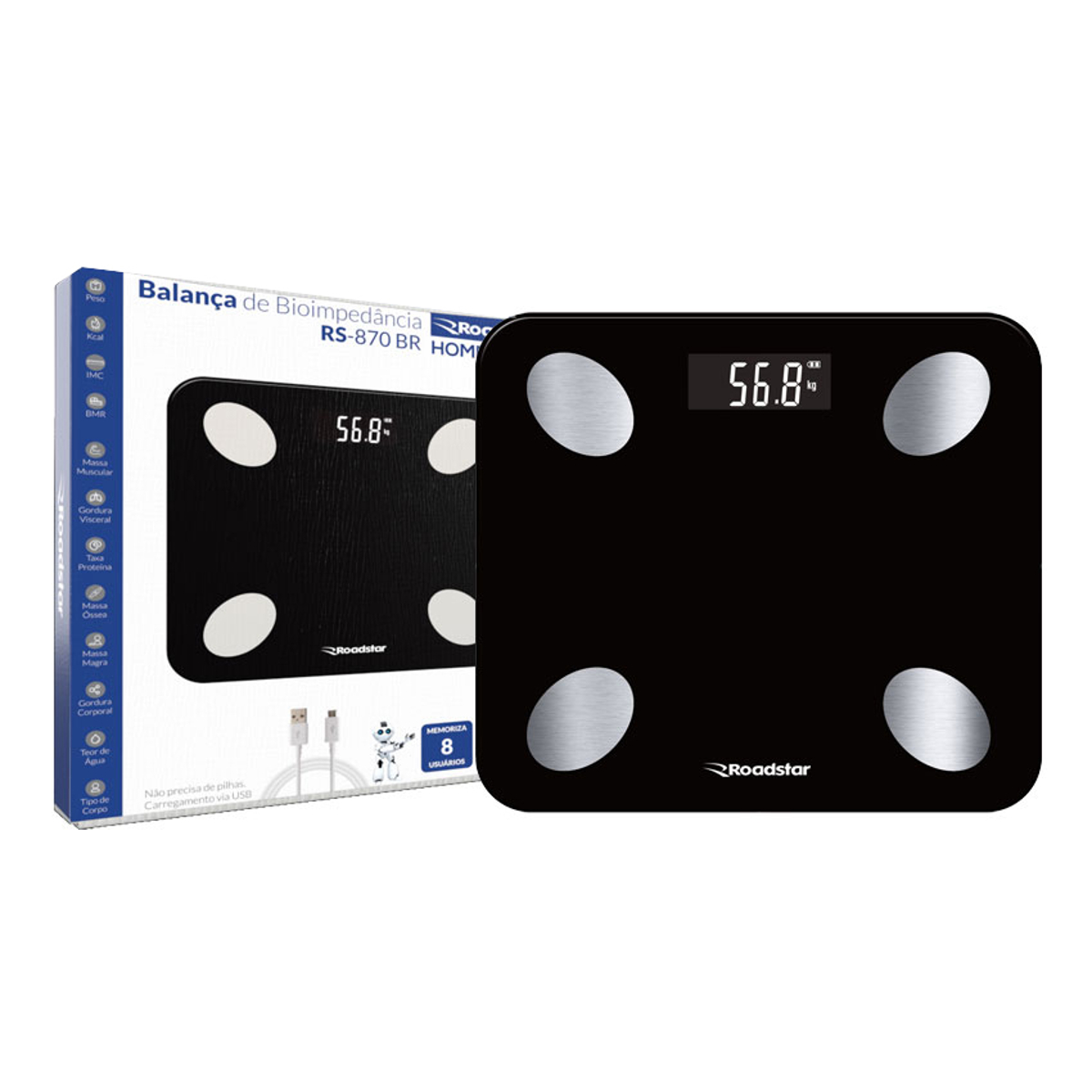 Balança de Bioimpedância com Bluetooth App 12 Índices Corporais - Roadstar RS-870BR