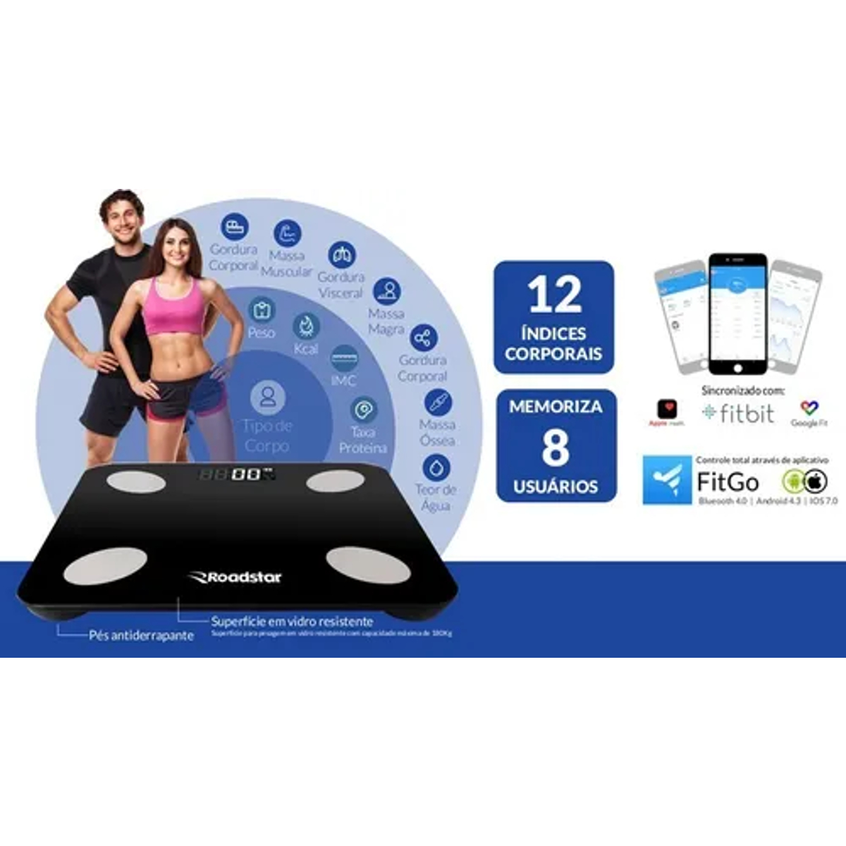 Balança de Bioimpedância com Bluetooth App 12 Índices Corporais - Roadstar RS-870BR