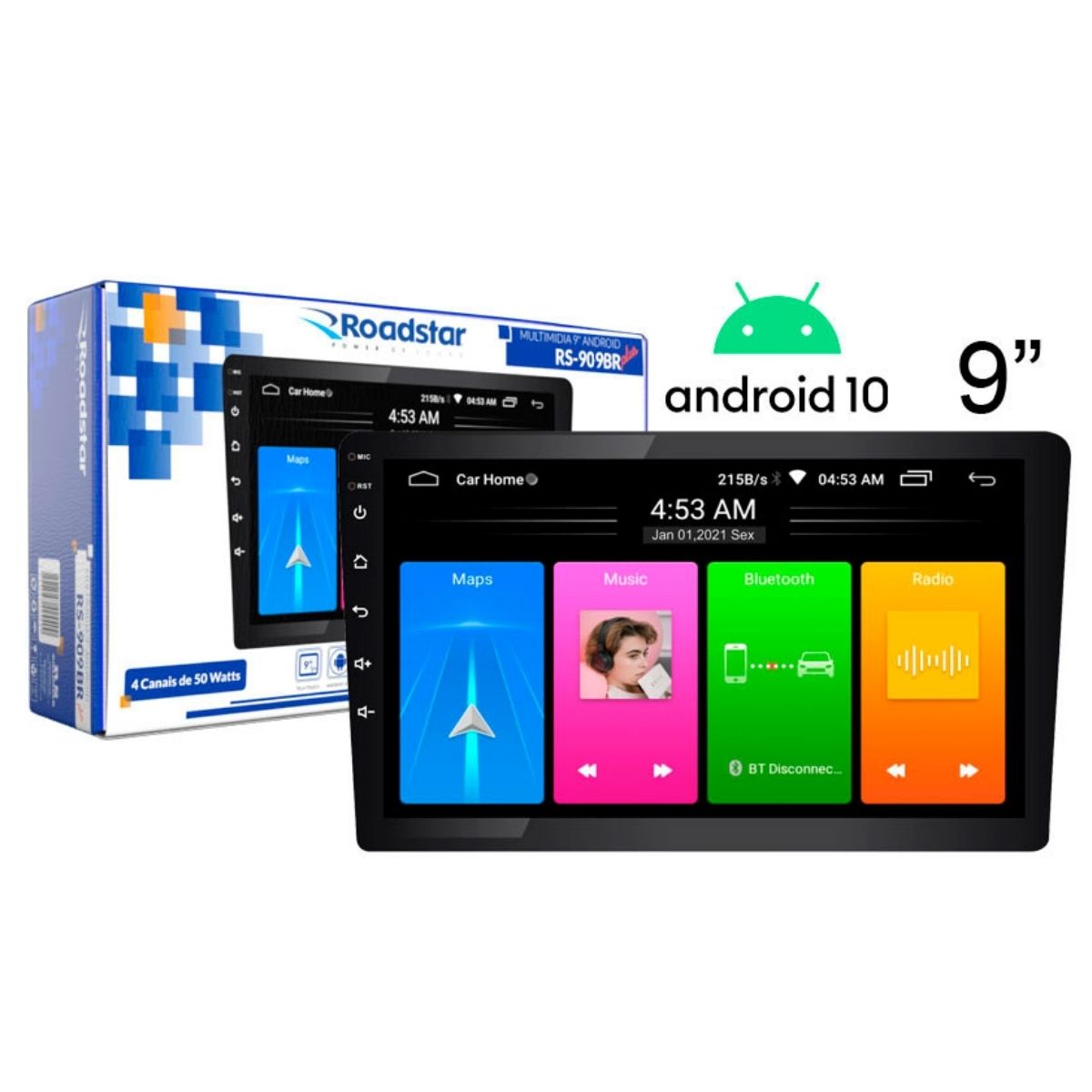 Central Multimídia 9 Pol Android 10.1 Quad Core USB/BT/WIFI/GPS/Espelhamento RS909BR MI -Roadstar