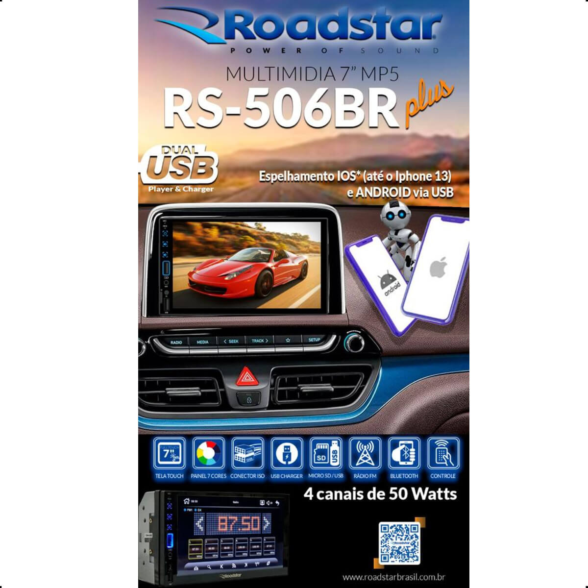 Central Multimídia 2 Din MP5 7pol Full Touch Bluetooth Micro SD AUX USB RS-506BR Plus - Roadstar
