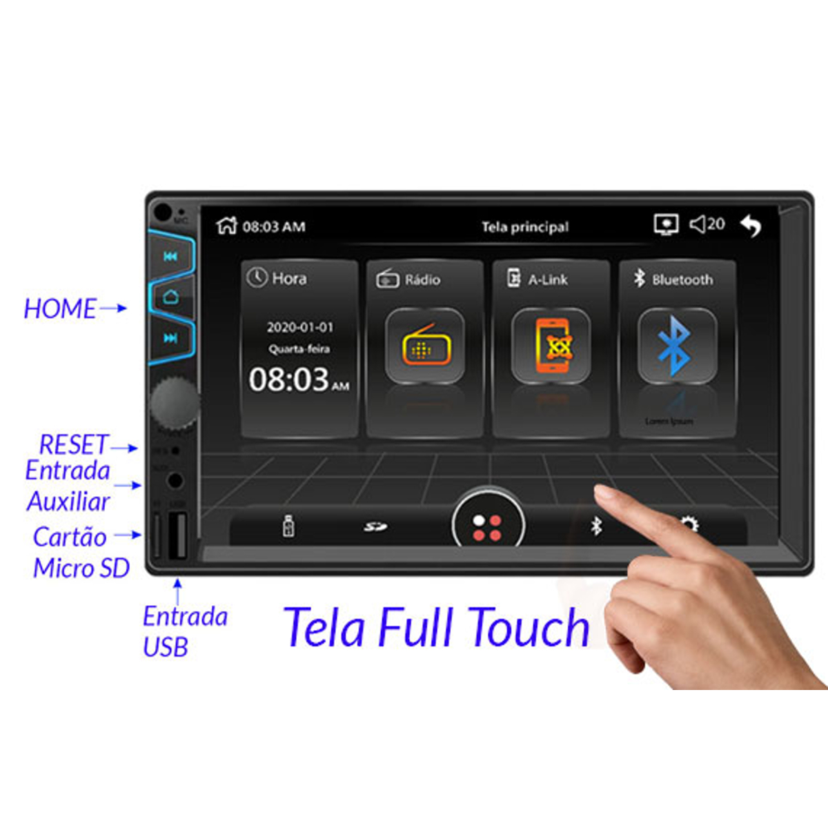Central Multimídia MP5 2 Din 7" Bluetooth Micro SD USB Auxiliar Android RS-404BR Plus - Roadstar